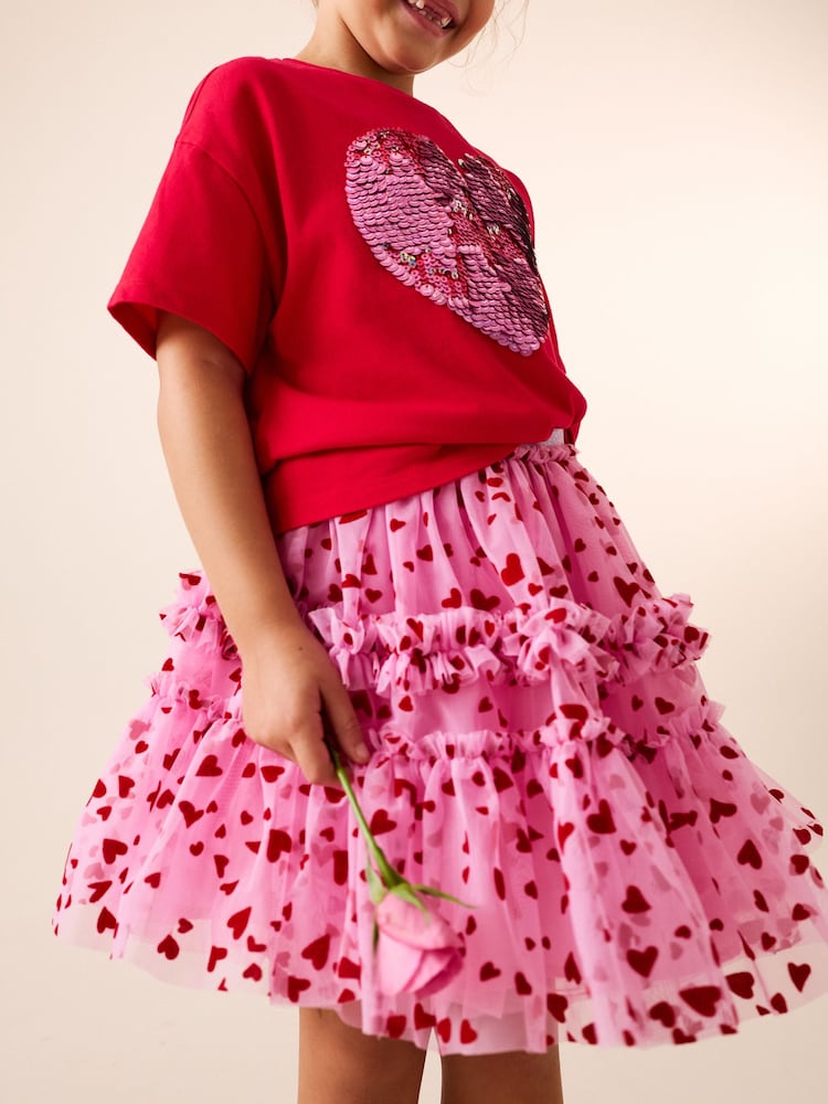 Pink/Red Heart Pull On Mesh Skirt (3-16yrs) - Image 1 of 8