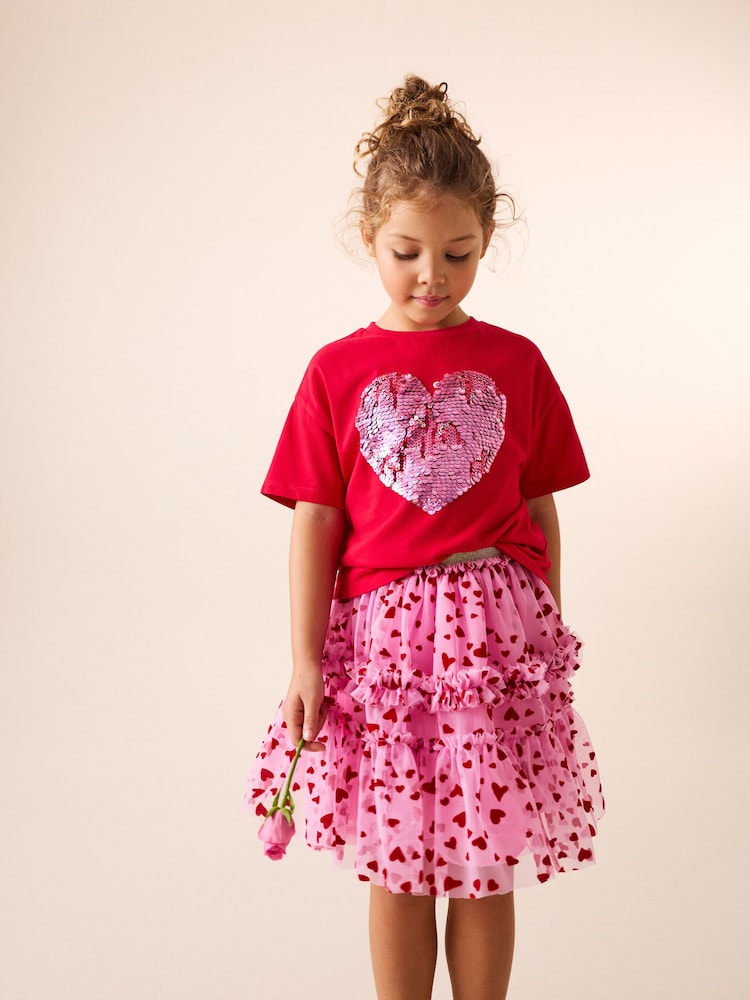 Pink/Red Heart Pull On Mesh Skirt (3-16yrs) - Image 1 of 8