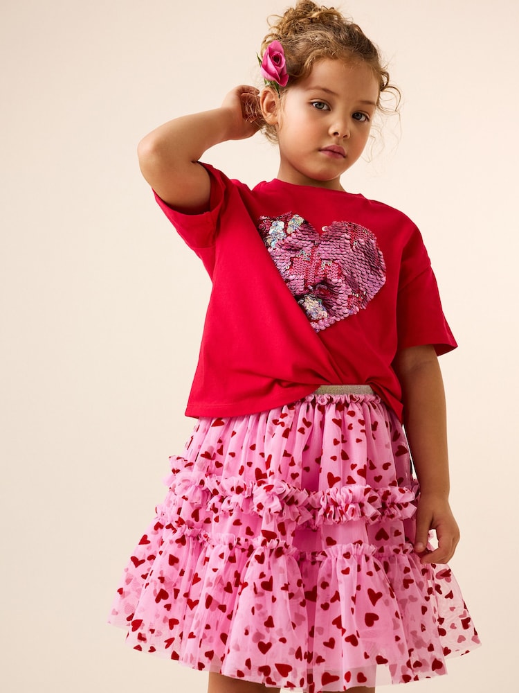 Pink/Red Heart Pull On Mesh Skirt (3-16yrs) - Image 4 of 8