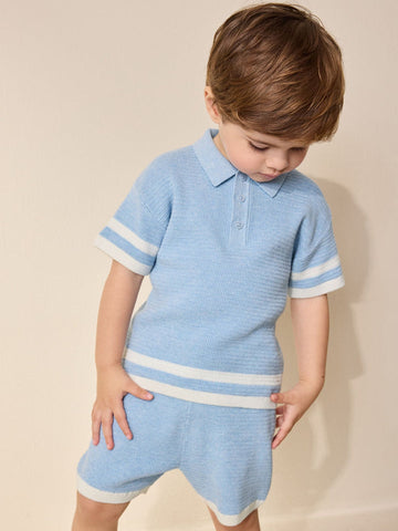 Blue Knitted Button Neck Polo Shirt and Shorts Set (3mths-10yrs)