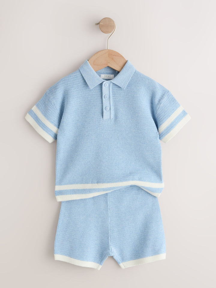 Blue Knitted Button Neck Polo Shirt and Shorts Set (3mths-10yrs)