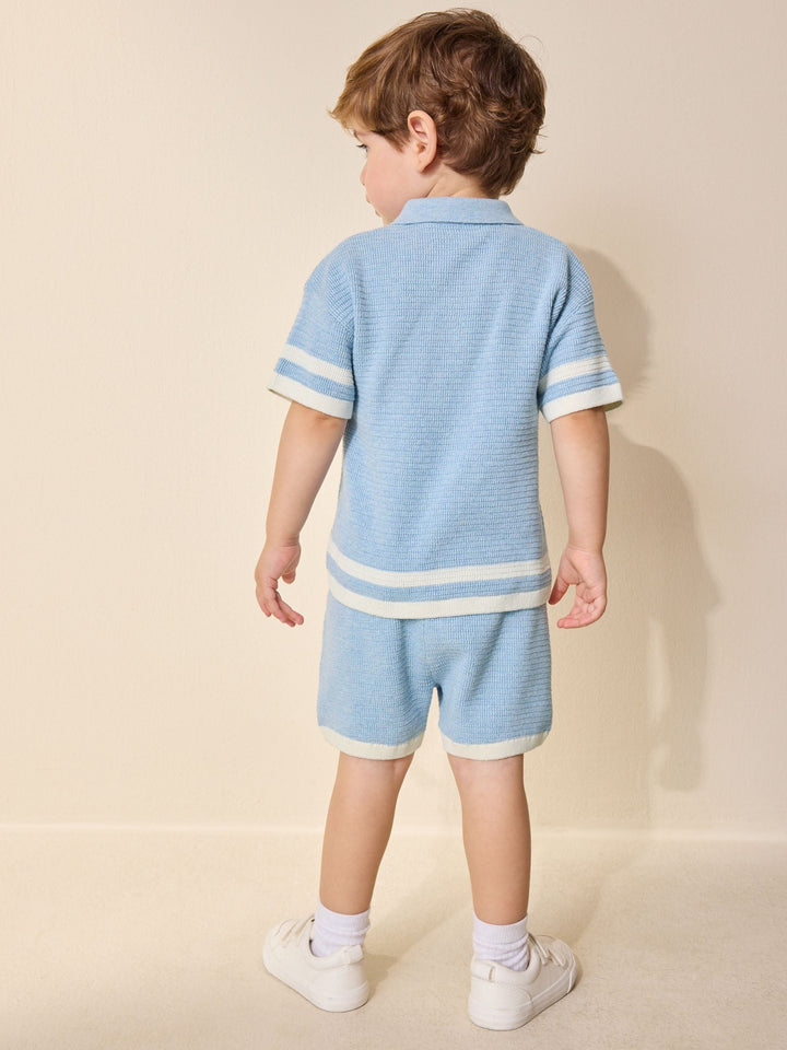 Blue Knitted Button Neck Polo Shirt and Shorts Set (3mths-10yrs)