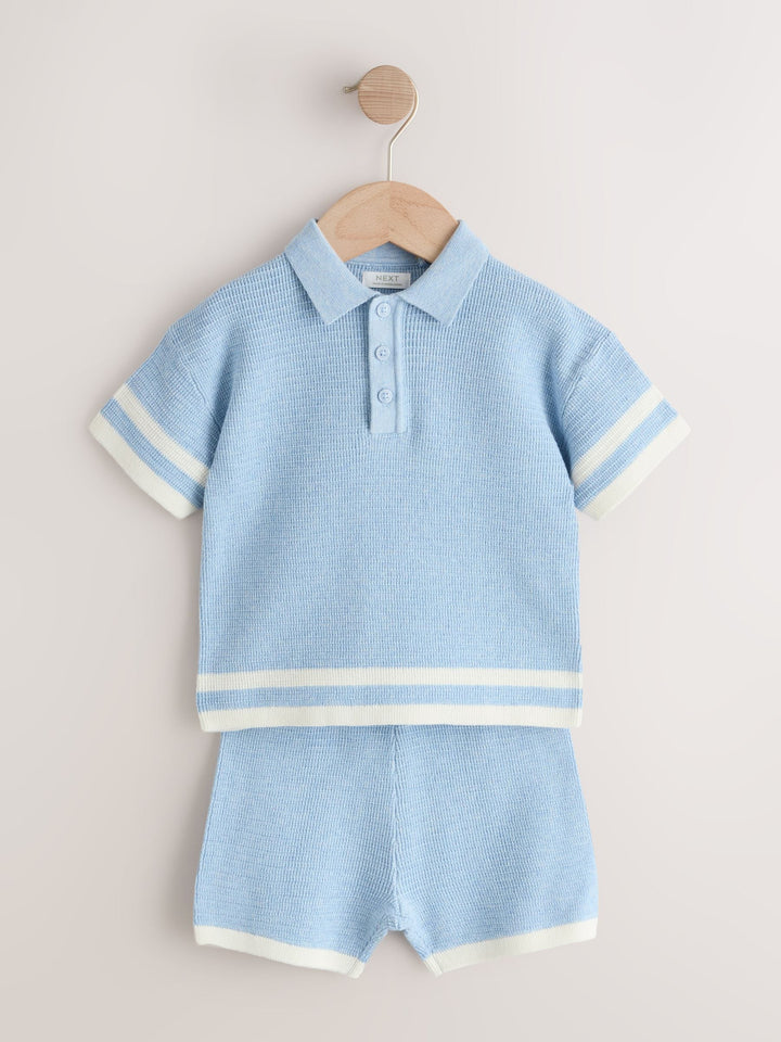 Blue Knitted Button Neck Polo Shirt and Shorts Set (3mths-10yrs)