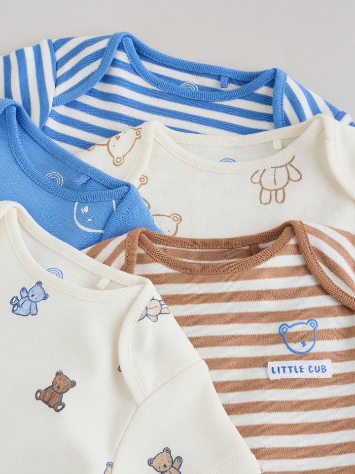 Blue/Ecru Bear Short Sleeve Baby Bodysuits 5 Pack