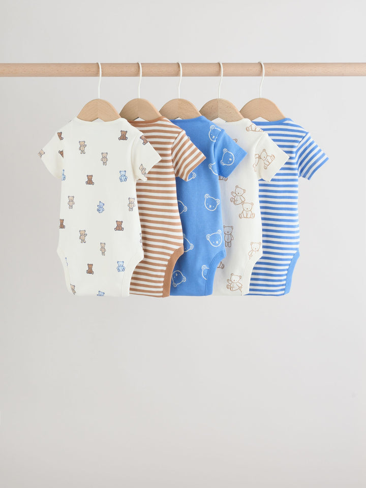Blue/Ecru Bear Short Sleeve Baby Bodysuits 5 Pack