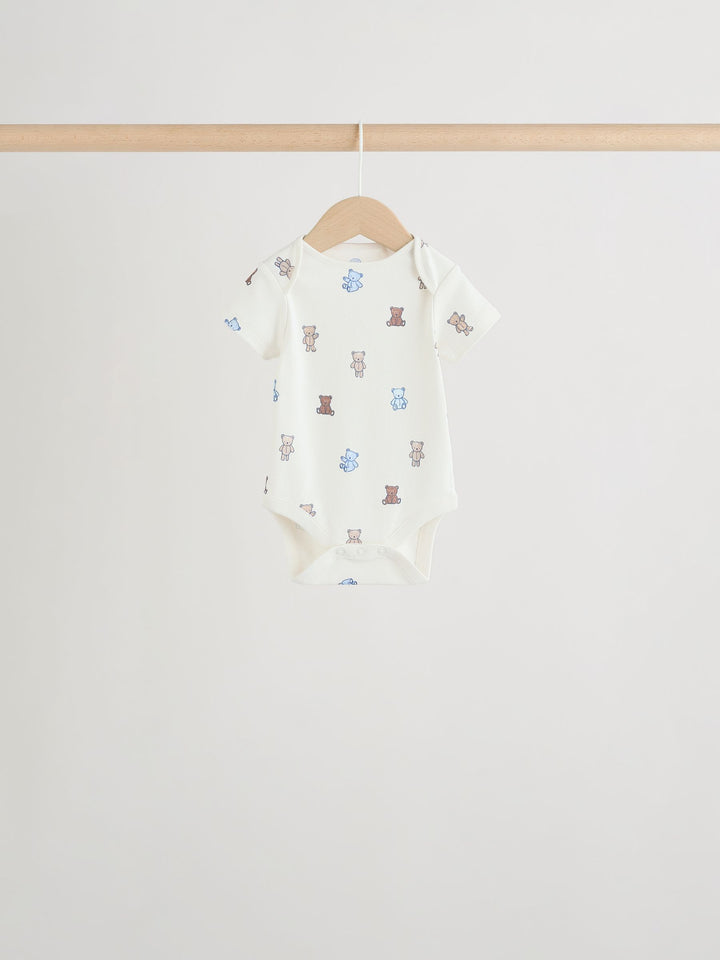 Blue/Ecru Bear Short Sleeve Baby Bodysuits 5 Pack