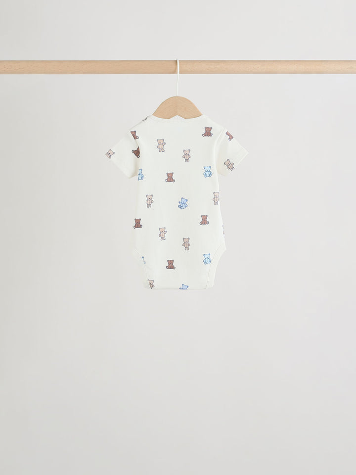 Blue/Ecru Bear Short Sleeve Baby Bodysuits 5 Pack