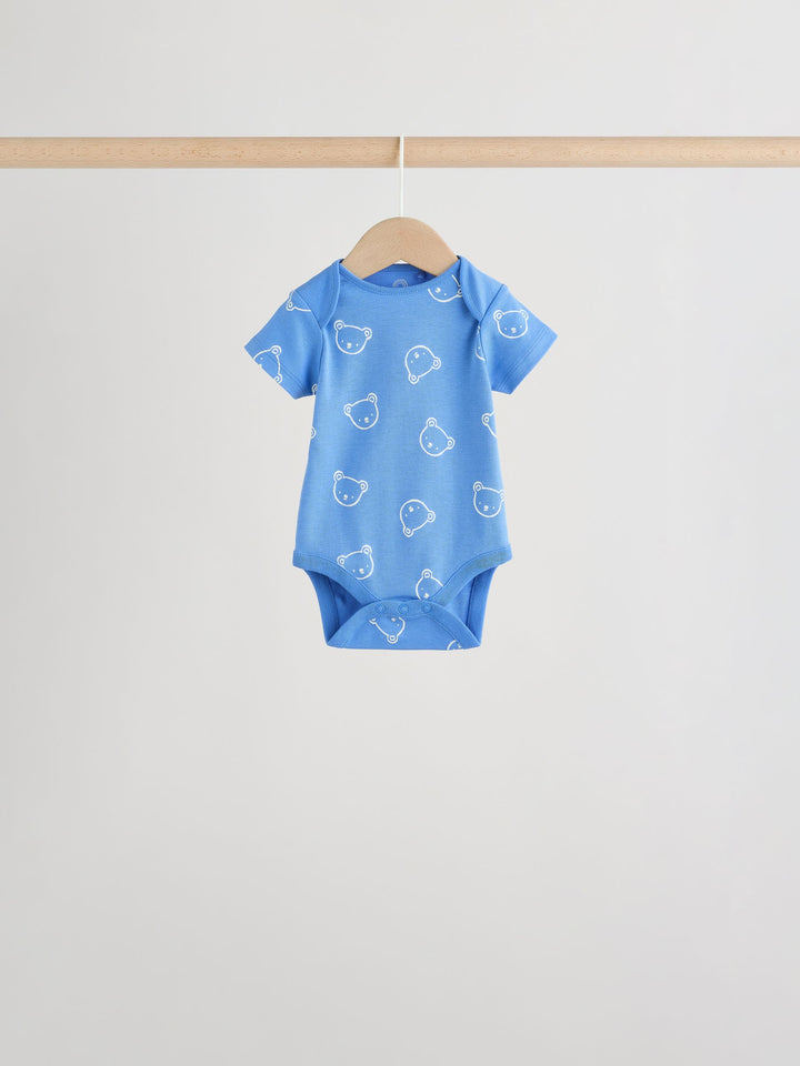 Blue/Ecru Bear Short Sleeve Baby Bodysuits 5 Pack