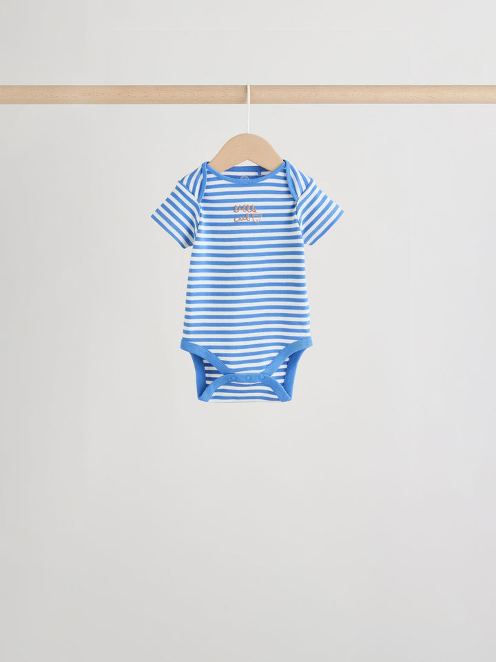 Blue/Ecru Bear Short Sleeve Baby Bodysuits 5 Pack