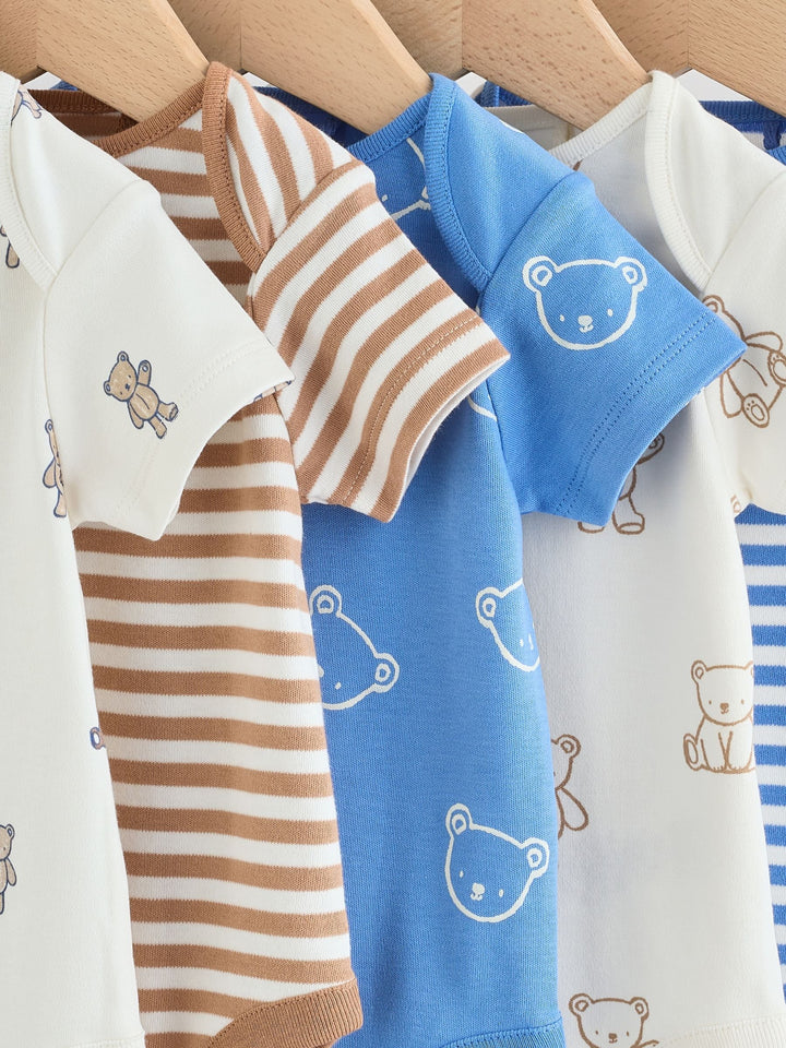 Blue/Ecru Bear Short Sleeve Baby Bodysuits 5 Pack