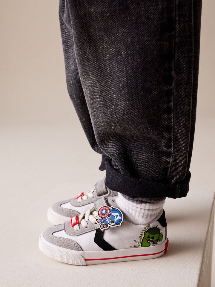 White/Black Wide Fit (G) Marvel Touch Fastening Elastic Lace Trainers