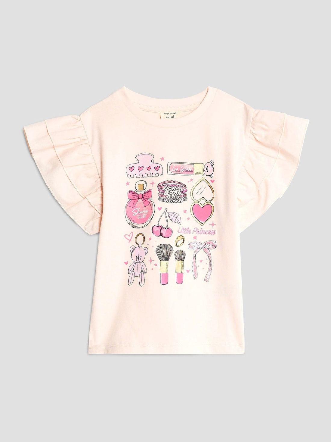 River Island Pink Girls Frill Sleeve Box Graphic Print T-Shirt