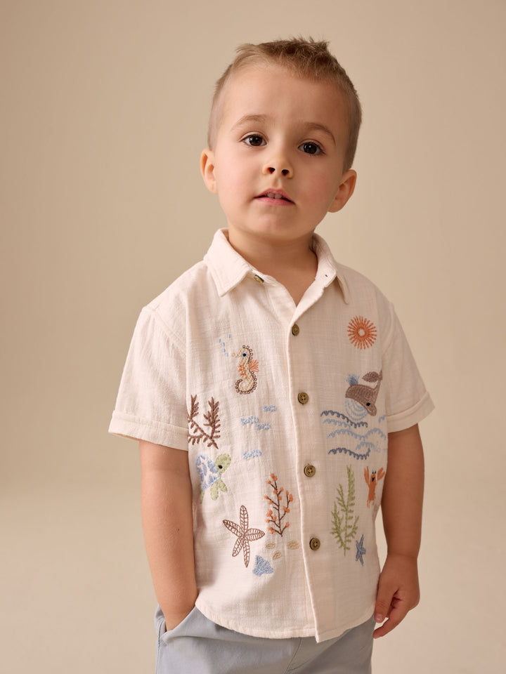 Ecru Sea Life Embroidery Short Sleeve Shirt (3mths-7yrs)