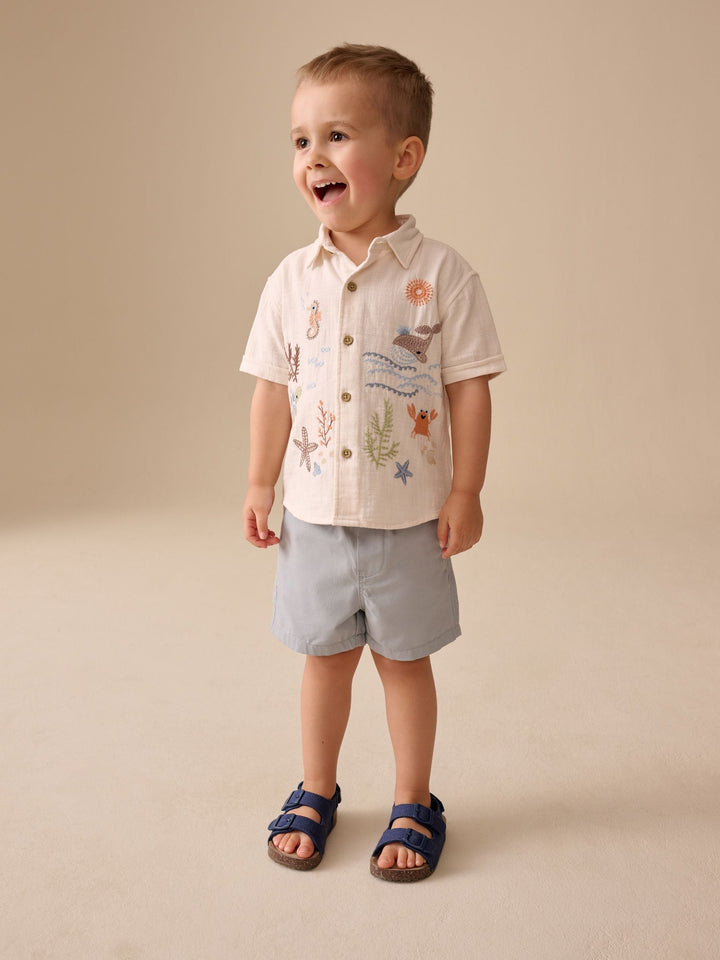 Ecru Sea Life Embroidery Short Sleeve Shirt (3mths-7yrs)