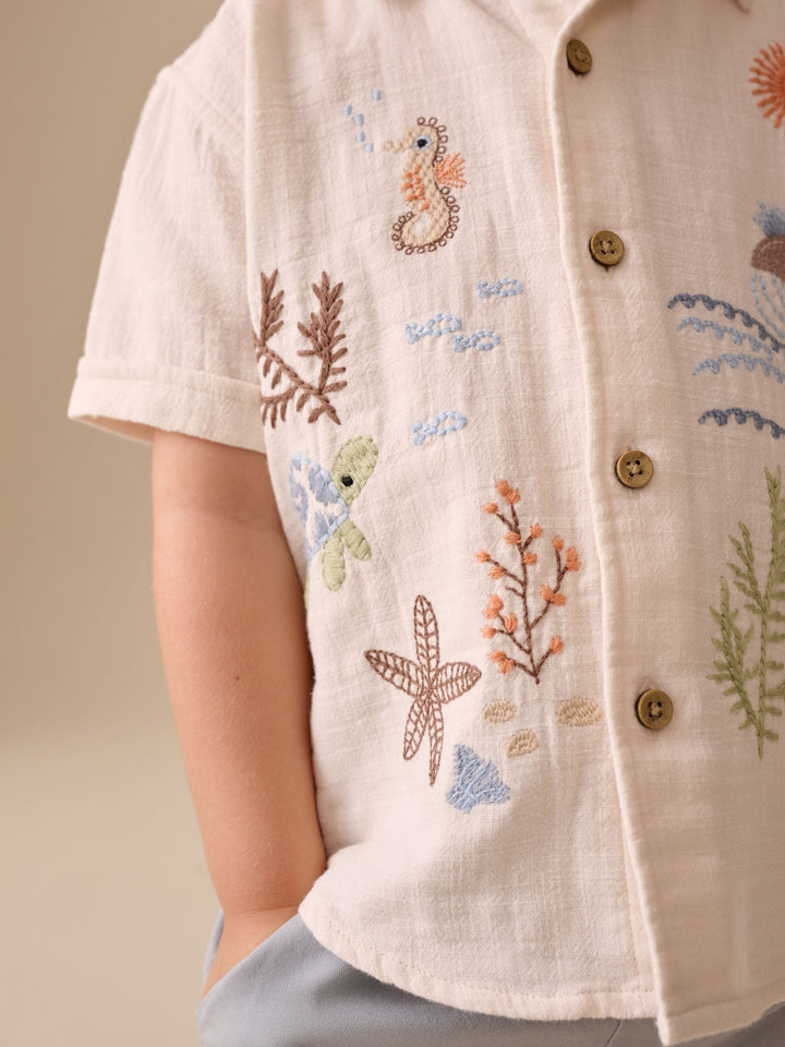 Ecru Sea Life Embroidery Short Sleeve Shirt (3mths-7yrs)