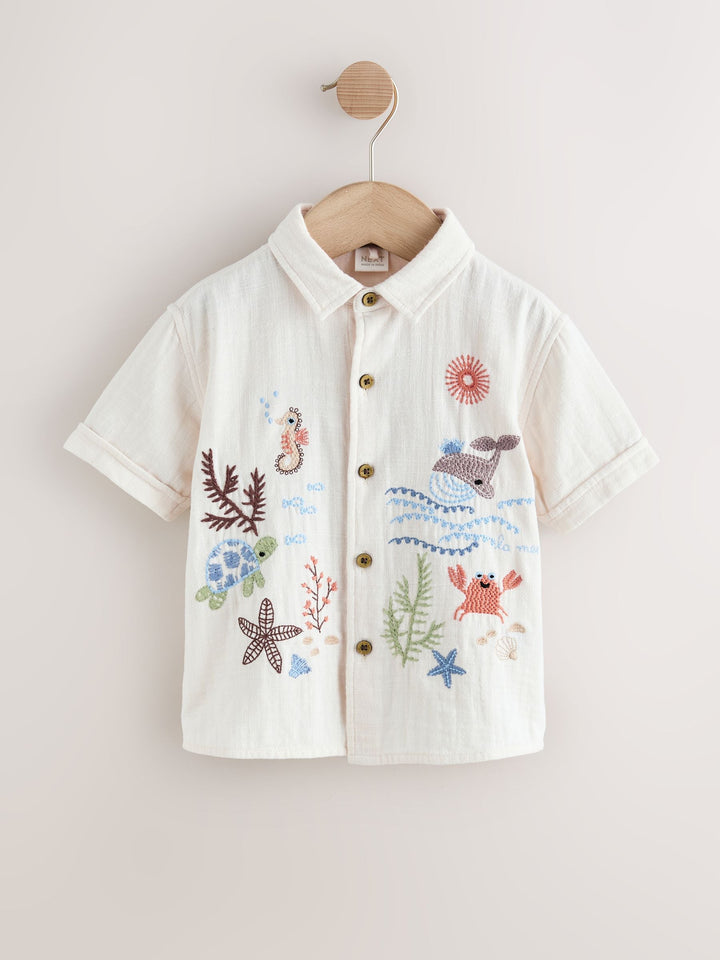 Ecru Sea Life Embroidery Short Sleeve Shirt (3mths-7yrs)