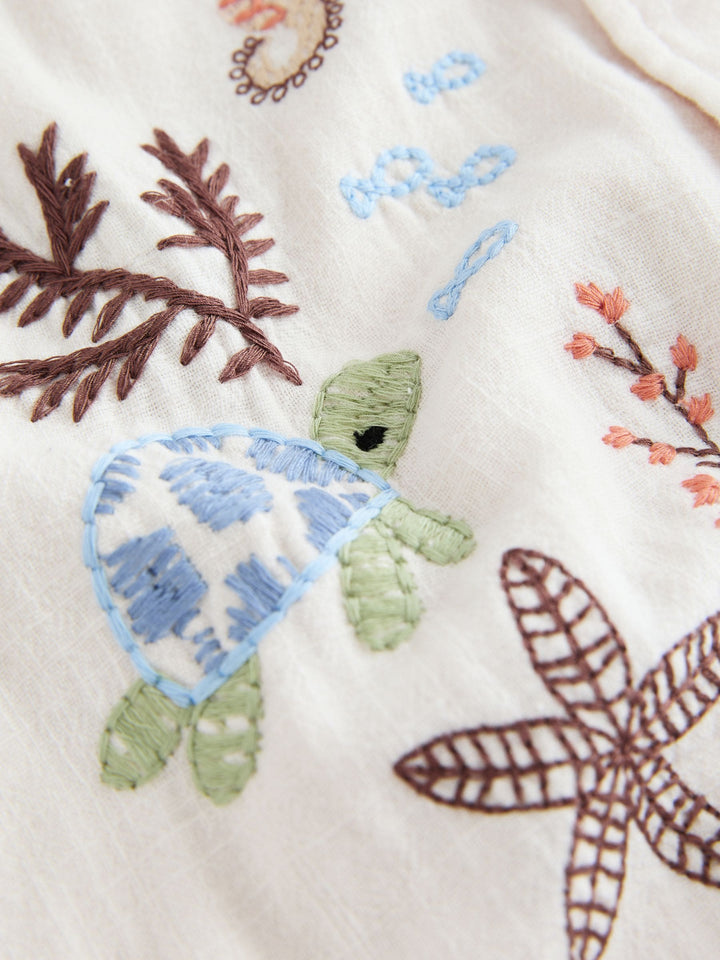 Ecru Sea Life Embroidery Short Sleeve Shirt (3mths-7yrs)