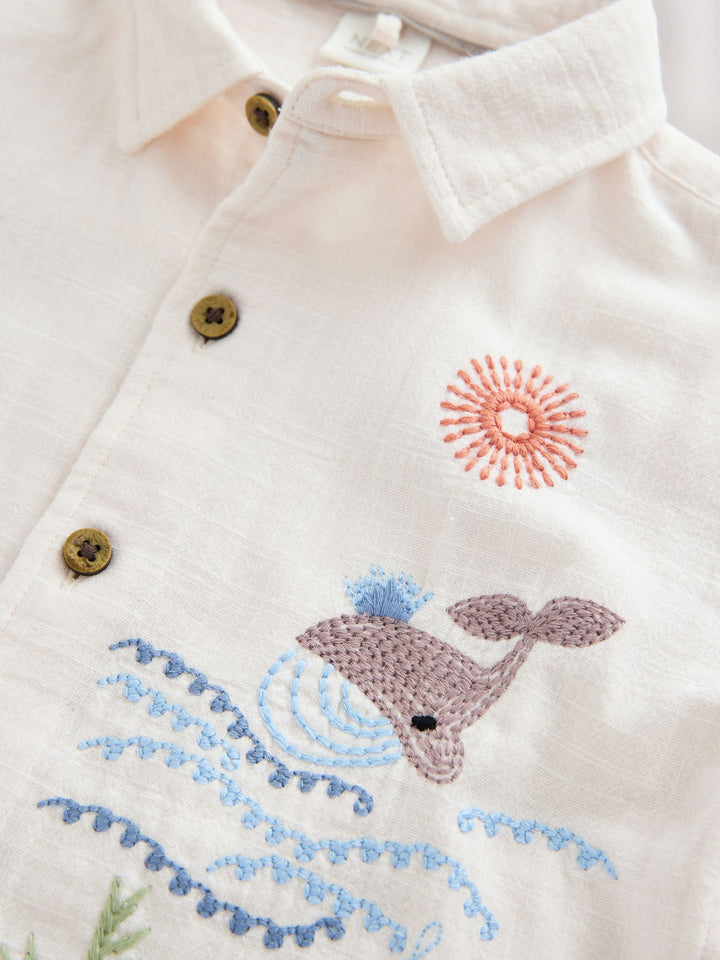 Ecru Sea Life Embroidery Short Sleeve Shirt (3mths-7yrs)