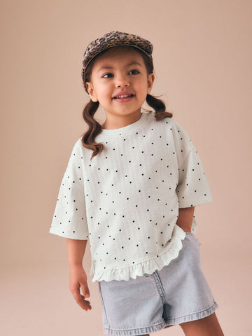 Ecru White Mono Spot Short Sleeve Frill Hem Top (3mths-7yrs)