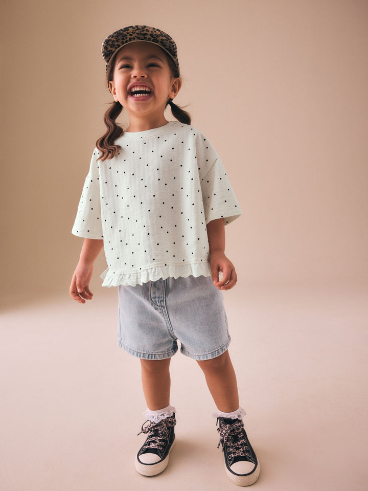 Ecru White Mono Spot Short Sleeve Frill Hem Top (3mths-7yrs)