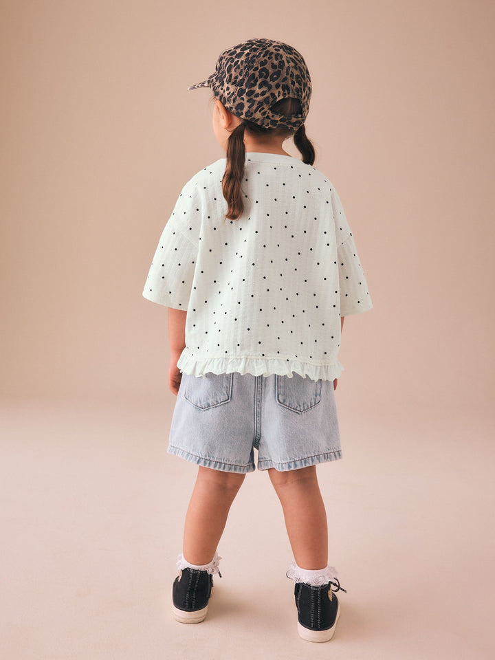 Ecru White Mono Spot Short Sleeve Frill Hem Top (3mths-7yrs)
