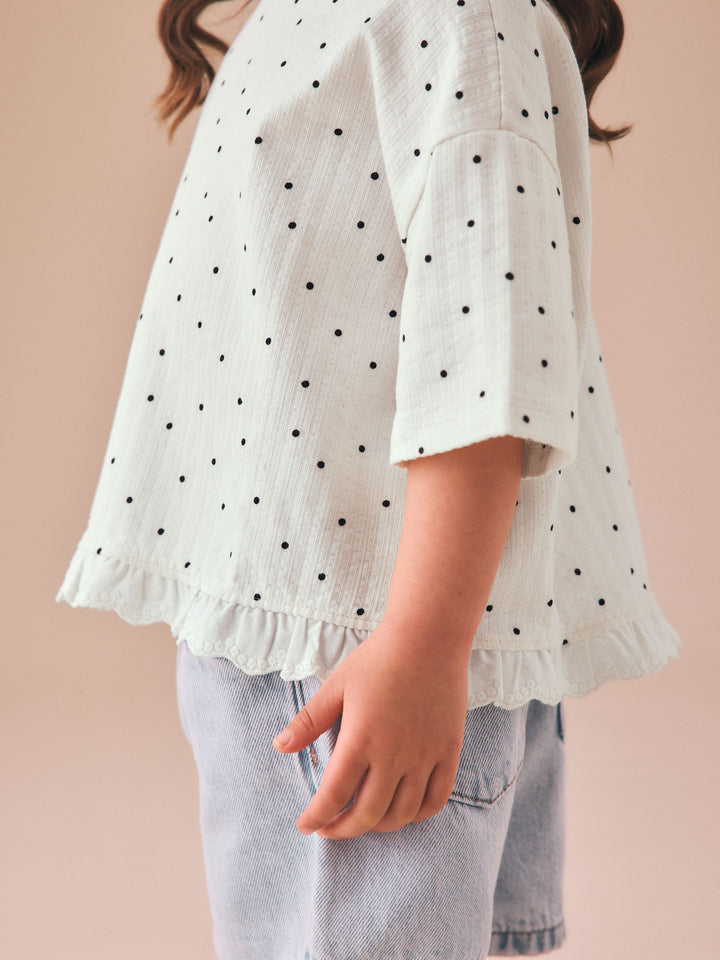 Ecru White Mono Spot Short Sleeve Frill Hem Top (3mths-7yrs)