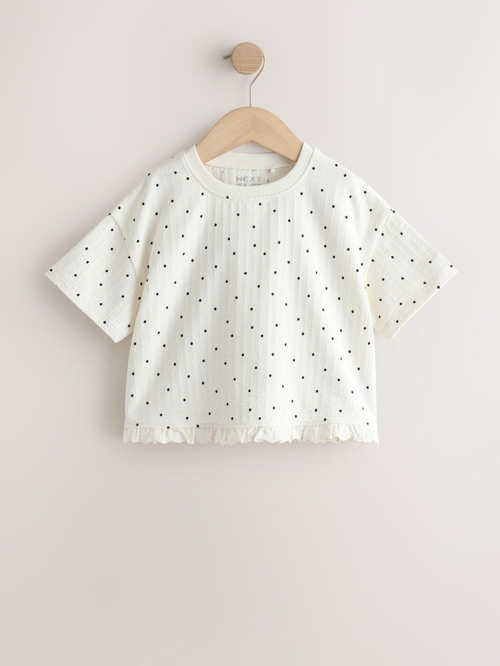 Ecru White Mono Spot Short Sleeve Frill Hem Top (3mths-7yrs)