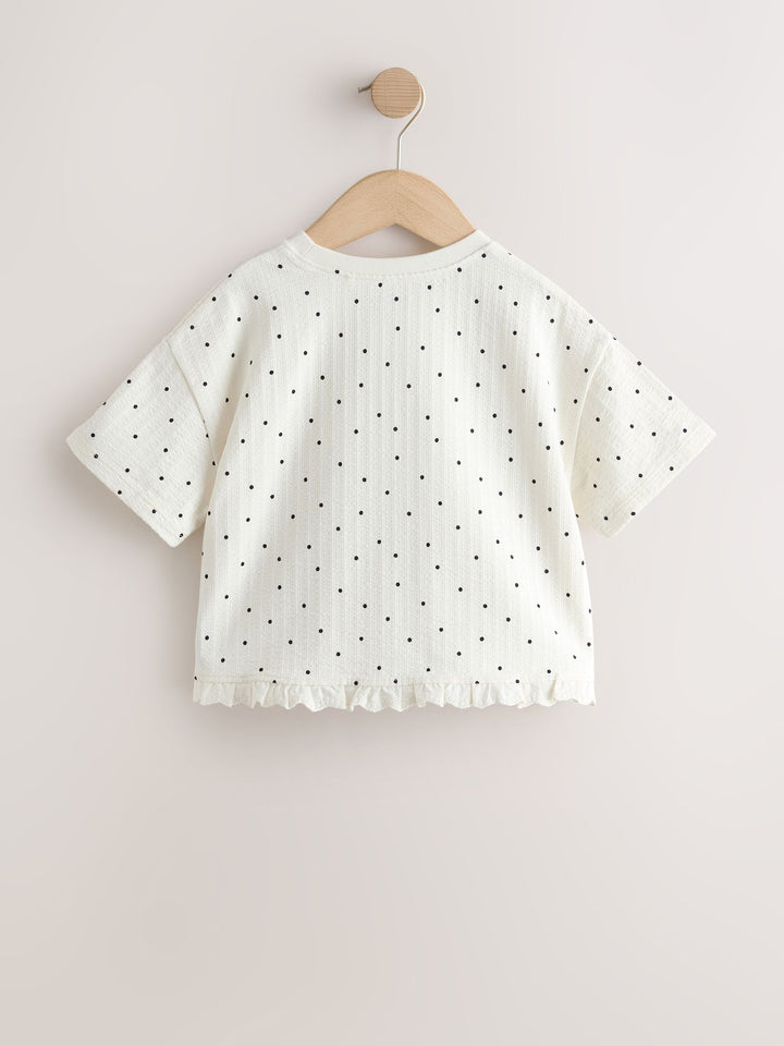 Ecru White Mono Spot Short Sleeve Frill Hem Top (3mths-7yrs)