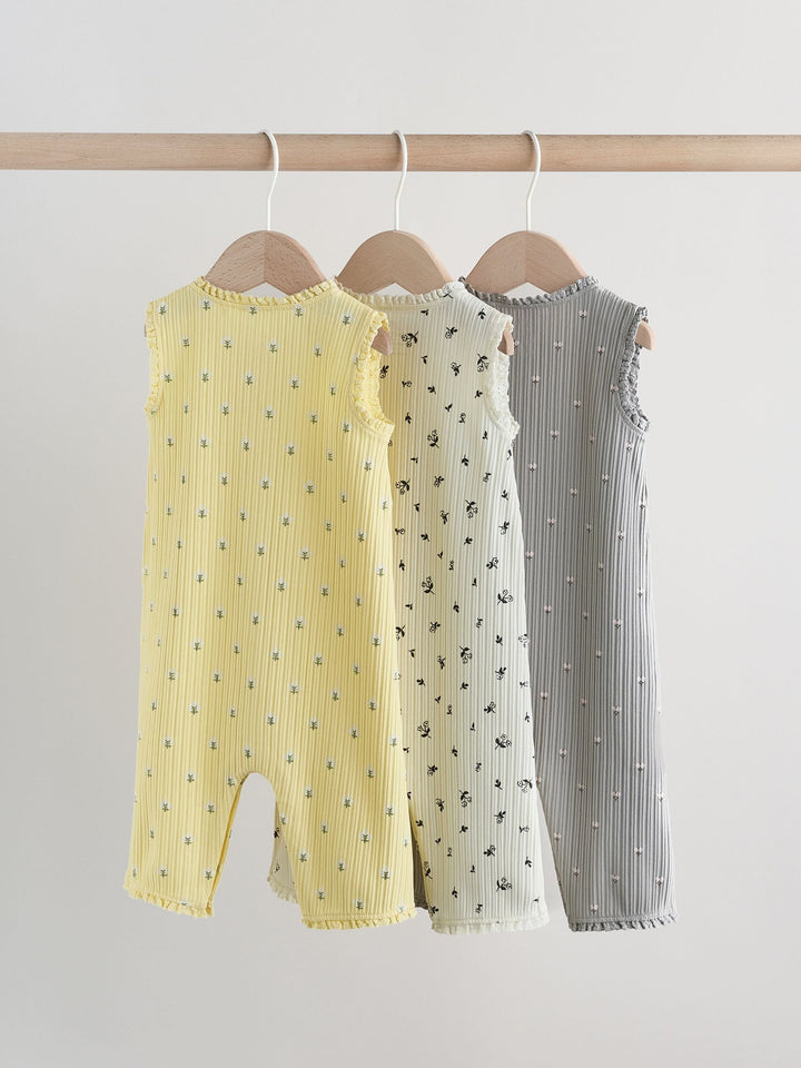 Monochrome Floral Rib Wide Leg Jersey Baby Rompers 3 Pack