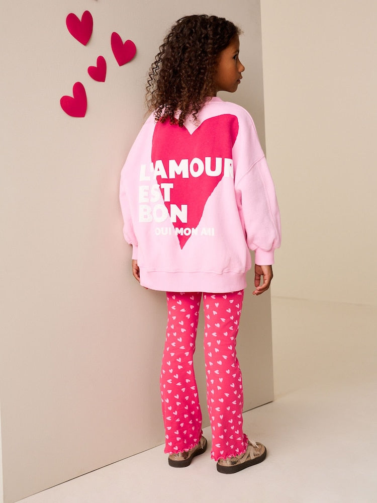 Pink/Red Heart Sweatshirt and Flare Leggings Set (3-16yrs) - Image 4 of 9