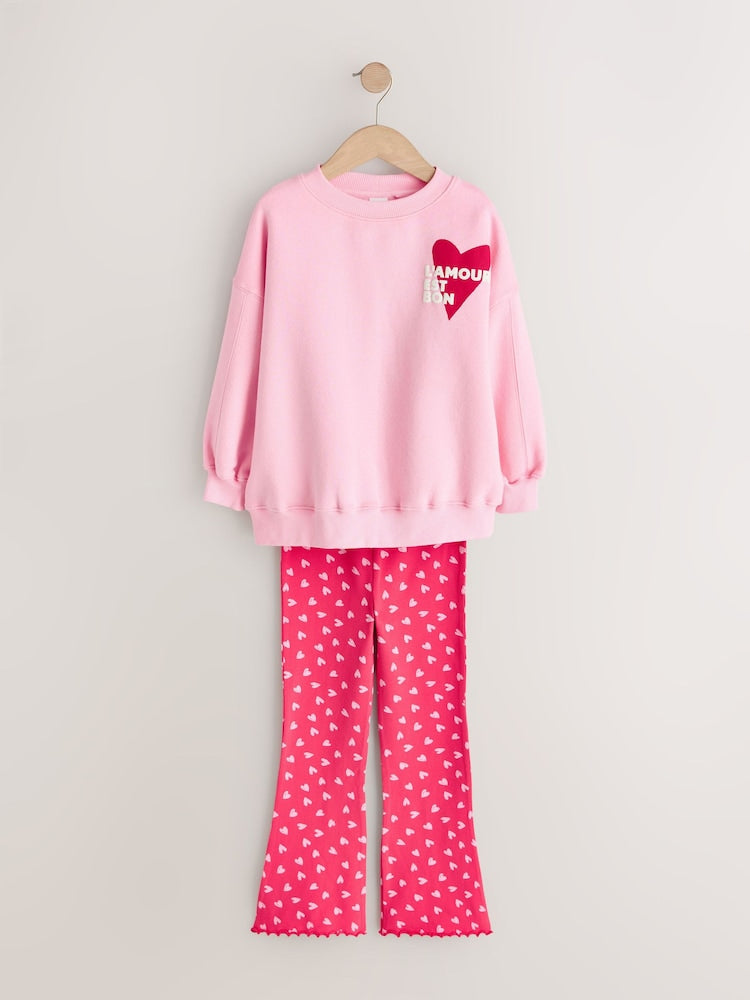 Pink/Red Heart Sweatshirt and Flare Leggings Set (3-16yrs) - Image 6 of 9