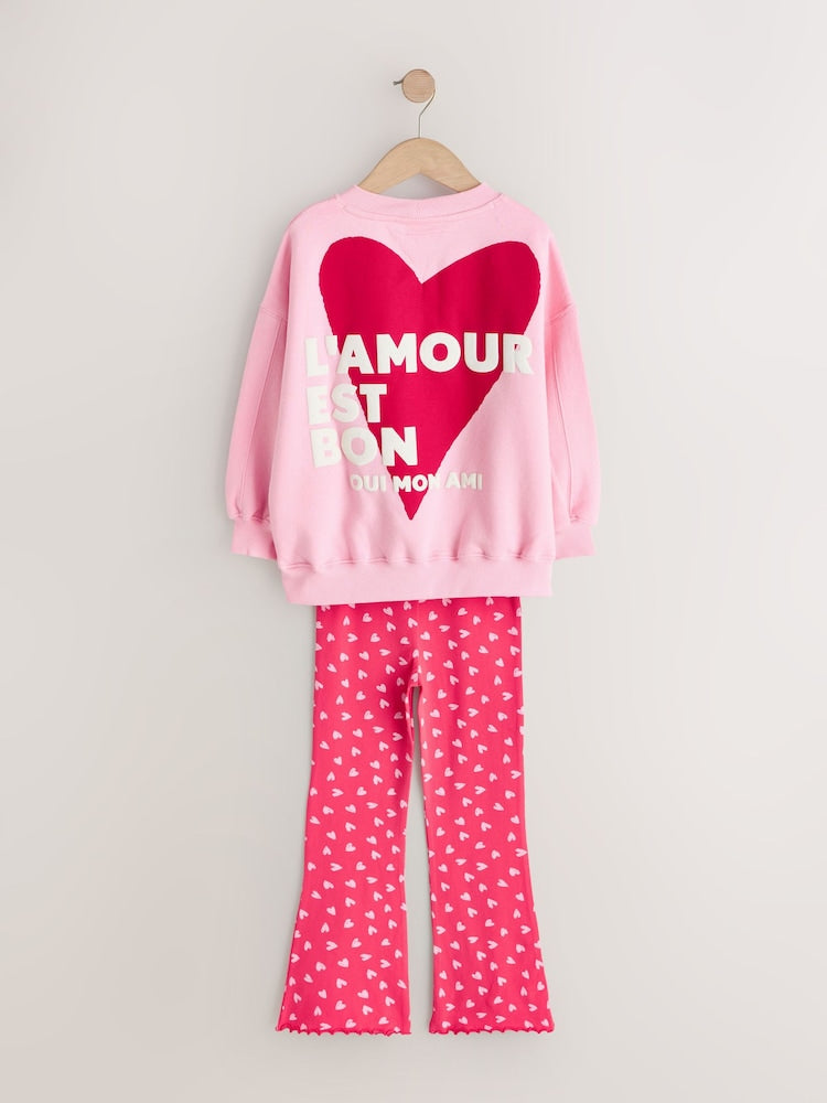 Pink/Red Heart Sweatshirt and Flare Leggings Set (3-16yrs) - Image 7 of 9