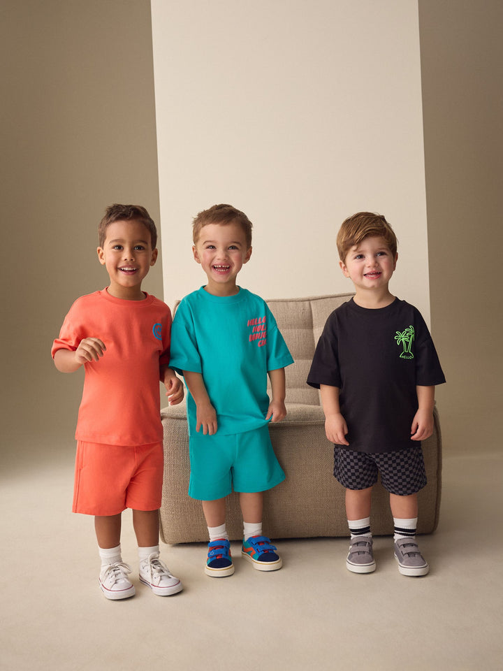 Coral/Aqua/Black Slogan Short Sleeve T-Shirt and Shorts Set 3 Pack (3mths-7yrs)