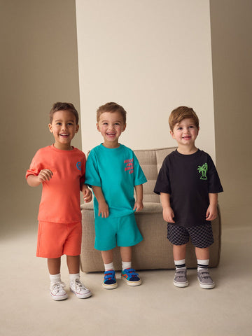 Coral/Aqua/Black Slogan Short Sleeve T-Shirt and Shorts Set 3 Pack (3mths-7yrs)