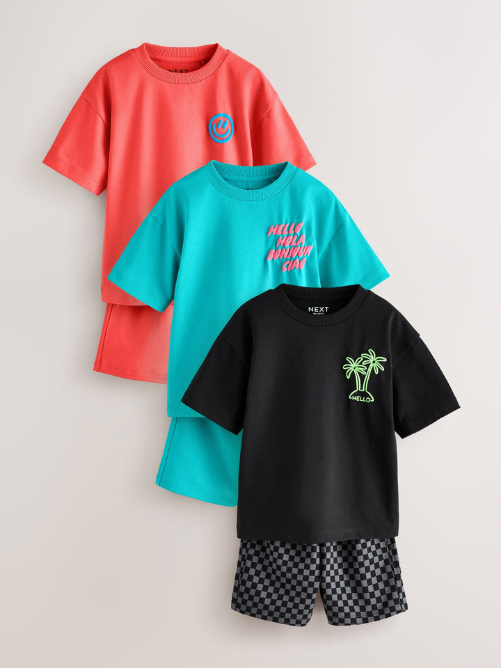 Coral/Aqua/Black Slogan Short Sleeve T-Shirt and Shorts Set 3 Pack (3mths-7yrs)