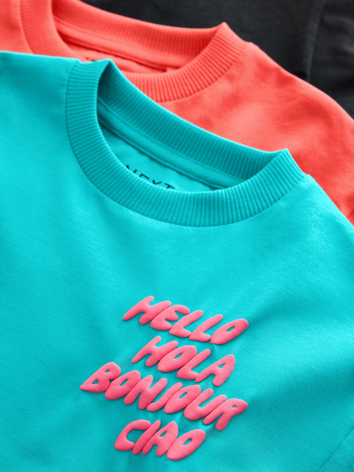 Coral/Aqua/Black Slogan Short Sleeve T-Shirt and Shorts Set 3 Pack (3mths-7yrs)