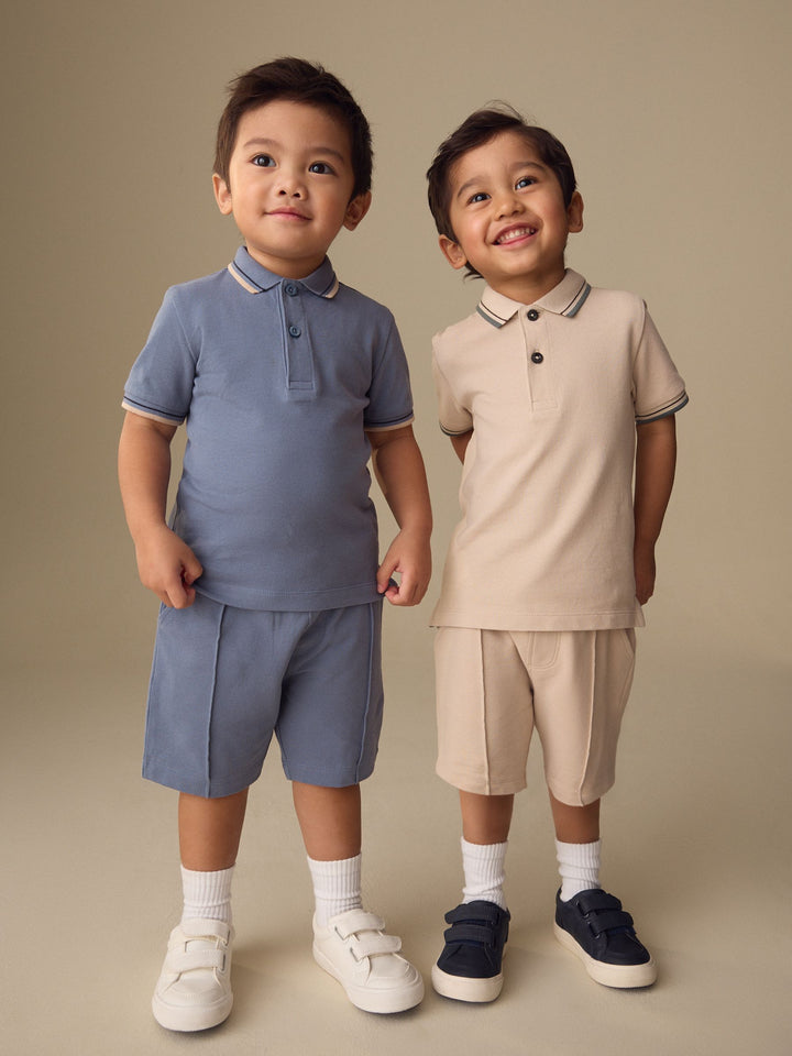 Blue/Neutral Short Sleeve Polo and Shorts Set 2 Pack (3mths-7yrs)