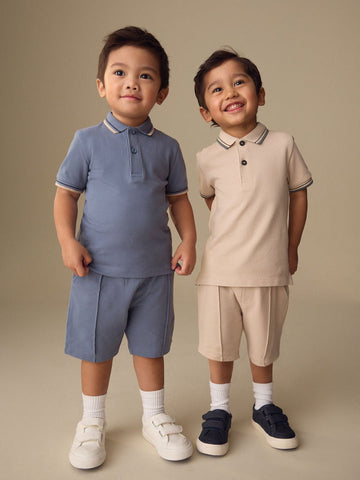 Blue/Neutral Short Sleeve Polo and Shorts Set 2 Pack (3mths-7yrs)