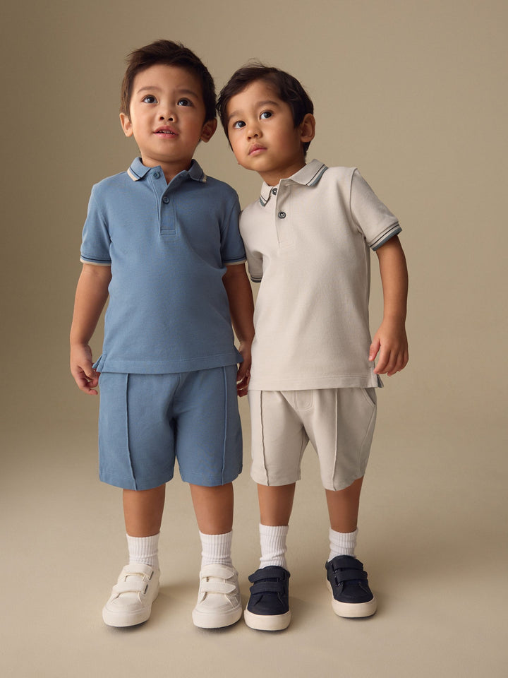 Blue/Neutral Short Sleeve Polo and Shorts Set 2 Pack (3mths-7yrs)