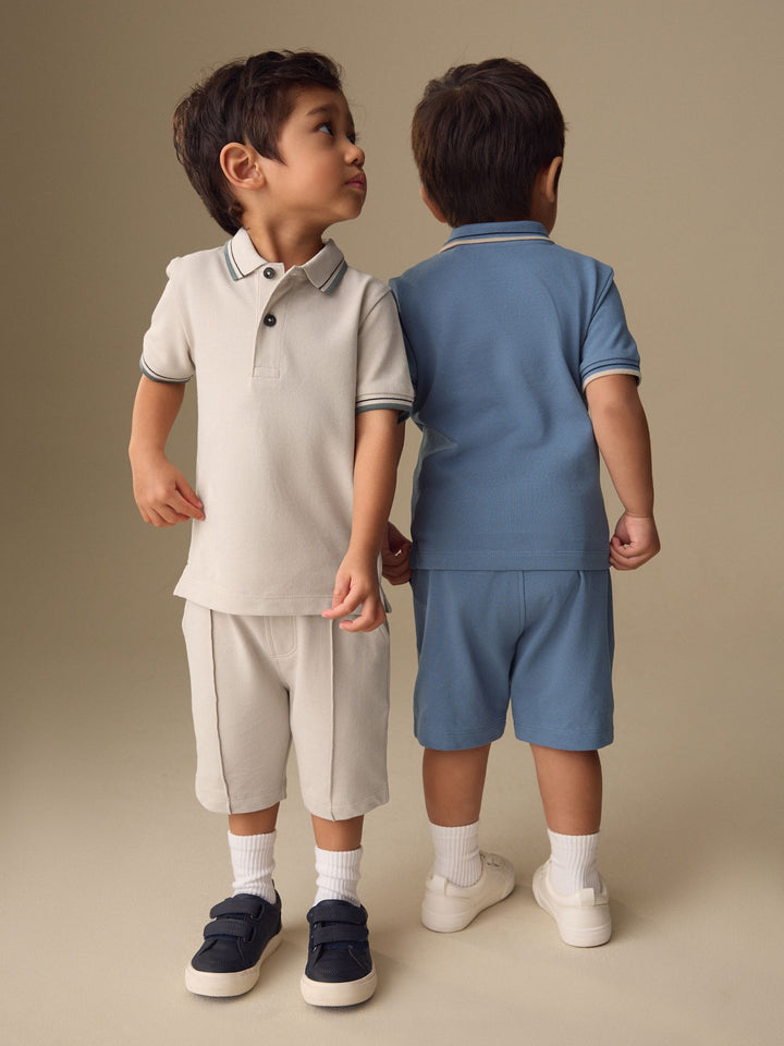 Blue/Neutral Short Sleeve Polo and Shorts Set 2 Pack (3mths-7yrs)