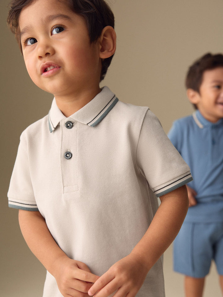 Blue/Neutral Short Sleeve Polo and Shorts Set 2 Pack (3mths-7yrs)