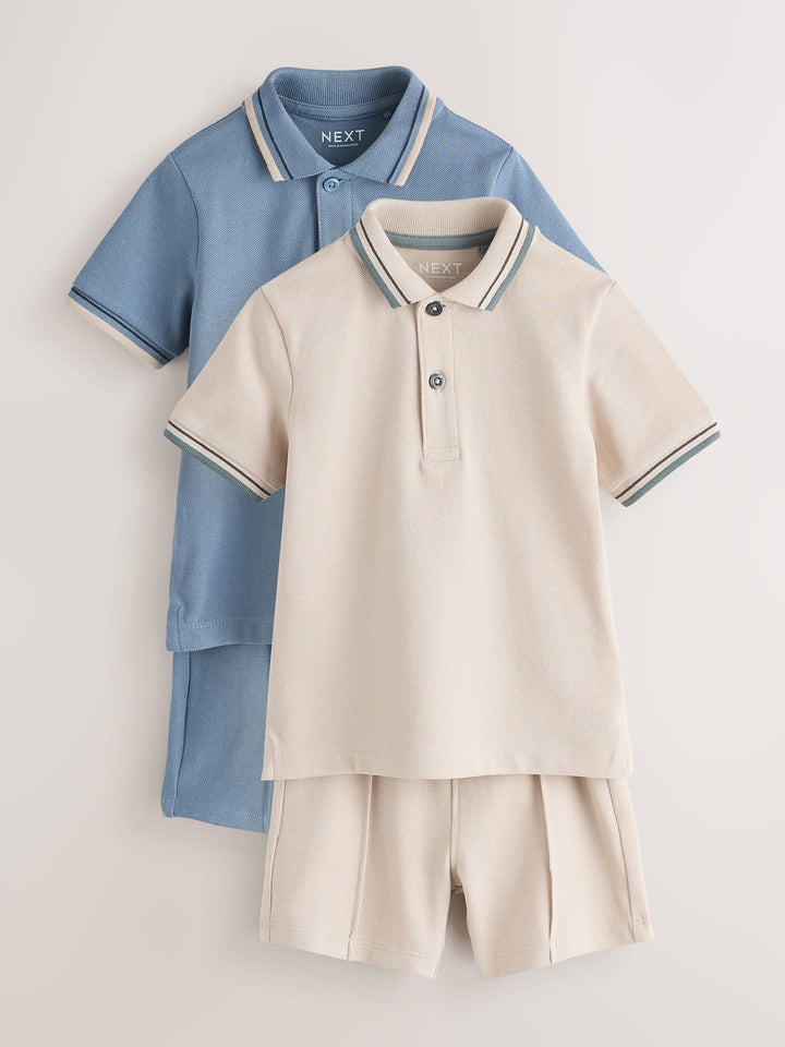 Blue/Neutral Short Sleeve Polo and Shorts Set 2 Pack (3mths-7yrs)