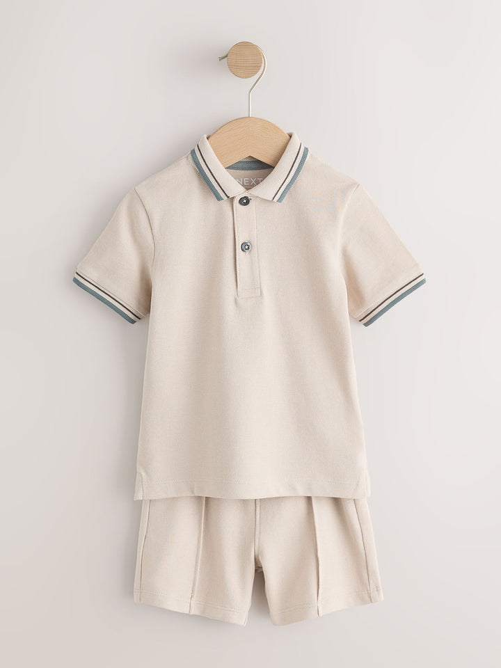 Blue/Neutral Short Sleeve Polo and Shorts Set 2 Pack (3mths-7yrs)