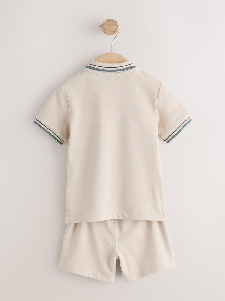 Blue/Neutral Short Sleeve Polo and Shorts Set 2 Pack (3mths-7yrs)