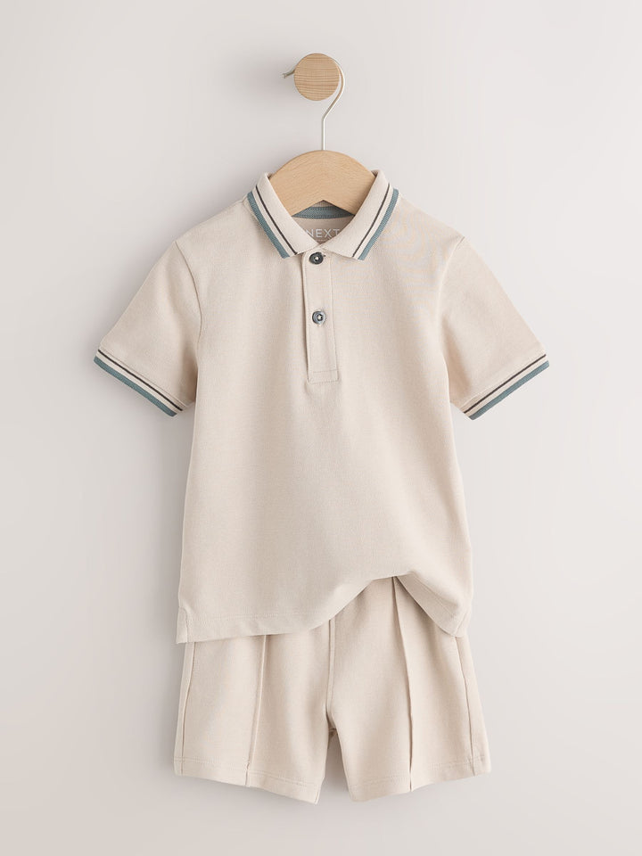 Blue/Neutral Short Sleeve Polo and Shorts Set 2 Pack (3mths-7yrs)