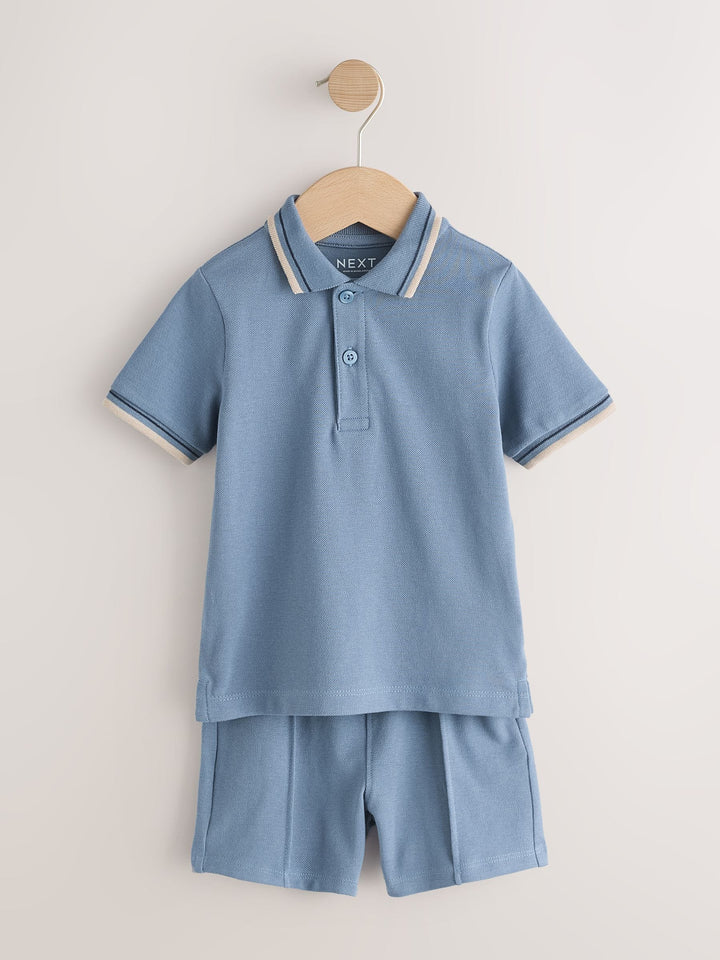 Blue/Neutral Short Sleeve Polo and Shorts Set 2 Pack (3mths-7yrs)