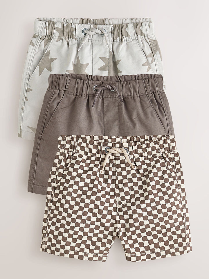 Brown/Star/Checkerboard Pull On Shorts 3 Pack (3mths-7yrs)