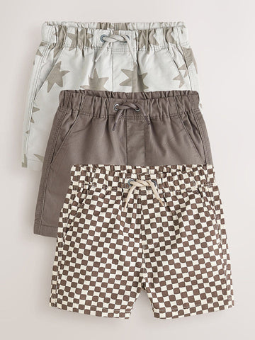Brown/Star/Checkerboard Pull On Shorts 3 Pack (3mths-7yrs)