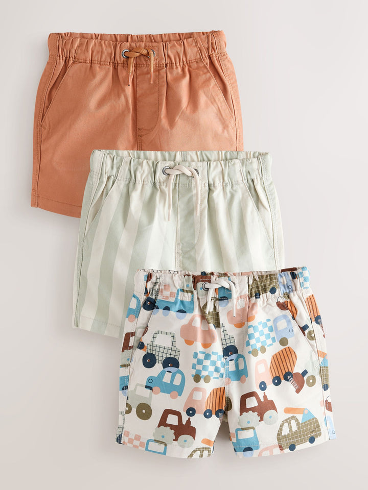 Rust Orange/Stripe/Transport Pull On Shorts 3 Pack (3mths-7yrs)