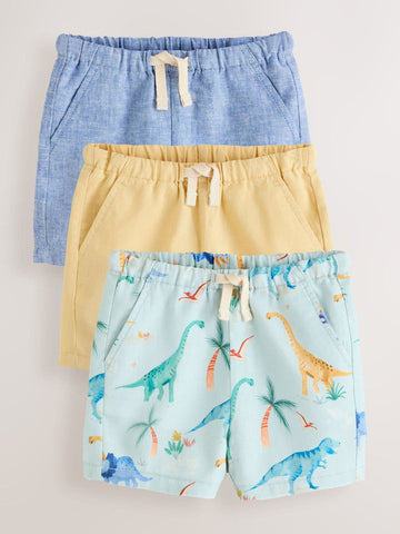 Blue/Yellow/Dino Linen Blend Shorts 3 Pack (3mths-7yrs)